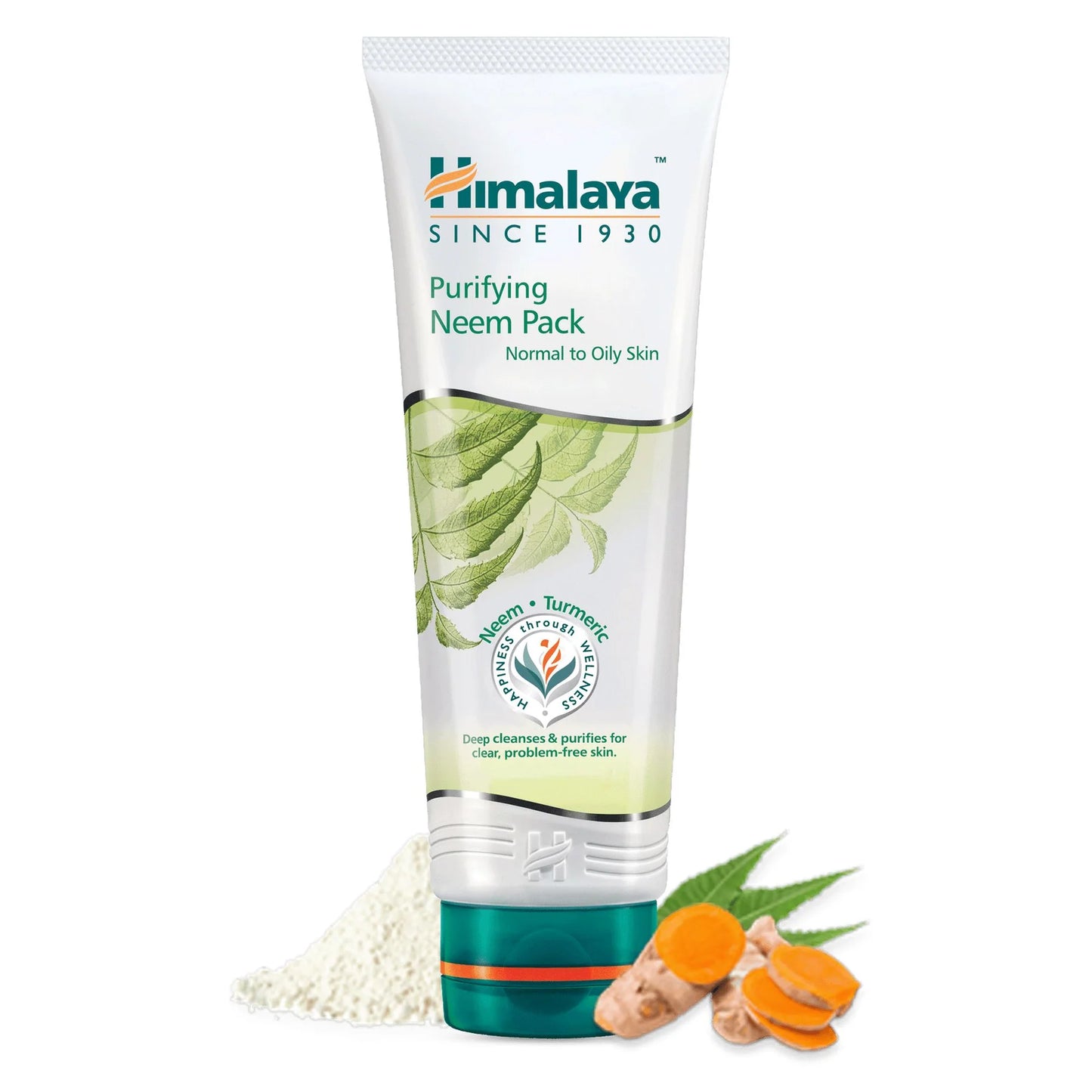 Himalaya Purifying Neem Pack tube with neem leaves and turmeric on a white background