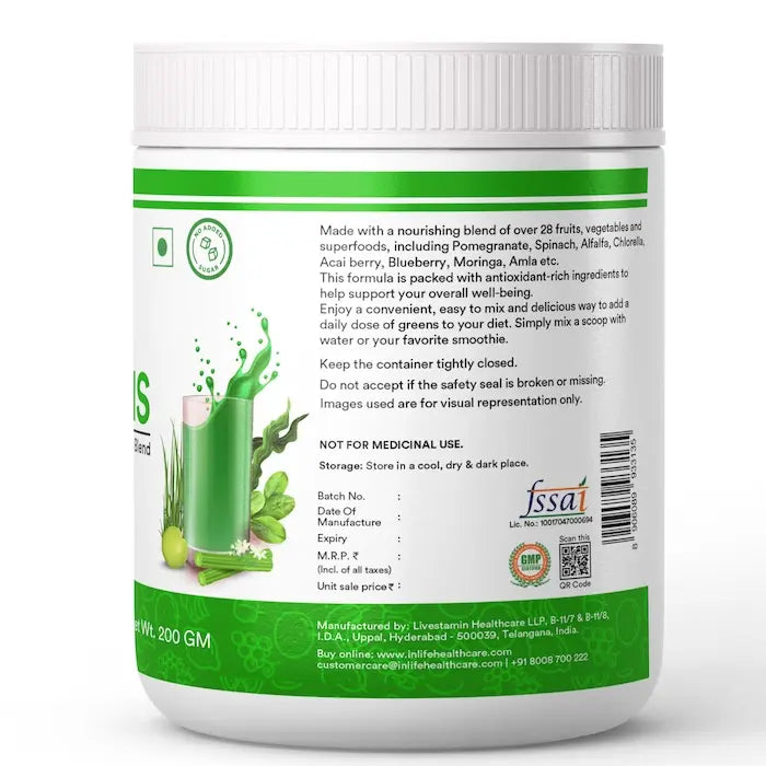 Inlife Super Green Fusion | Vital Nutrients, Fiber, Antioxidants, Superfoods Powder | 200g
