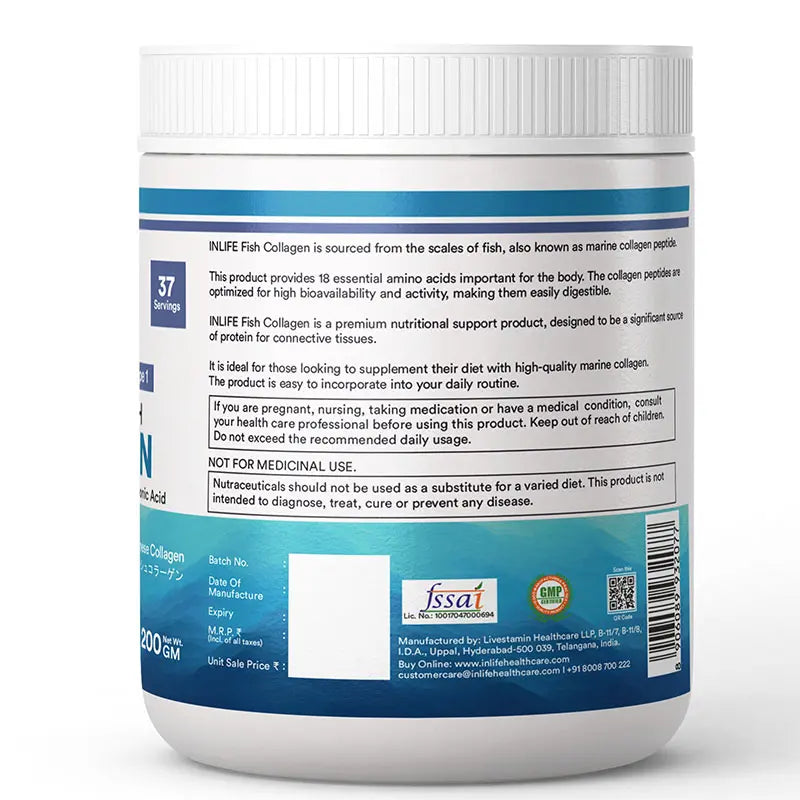 Inlife Japanese Marine Fish Collagen Supplements for Women & Men | Clinically Proven Ingredient | 200g Powder
