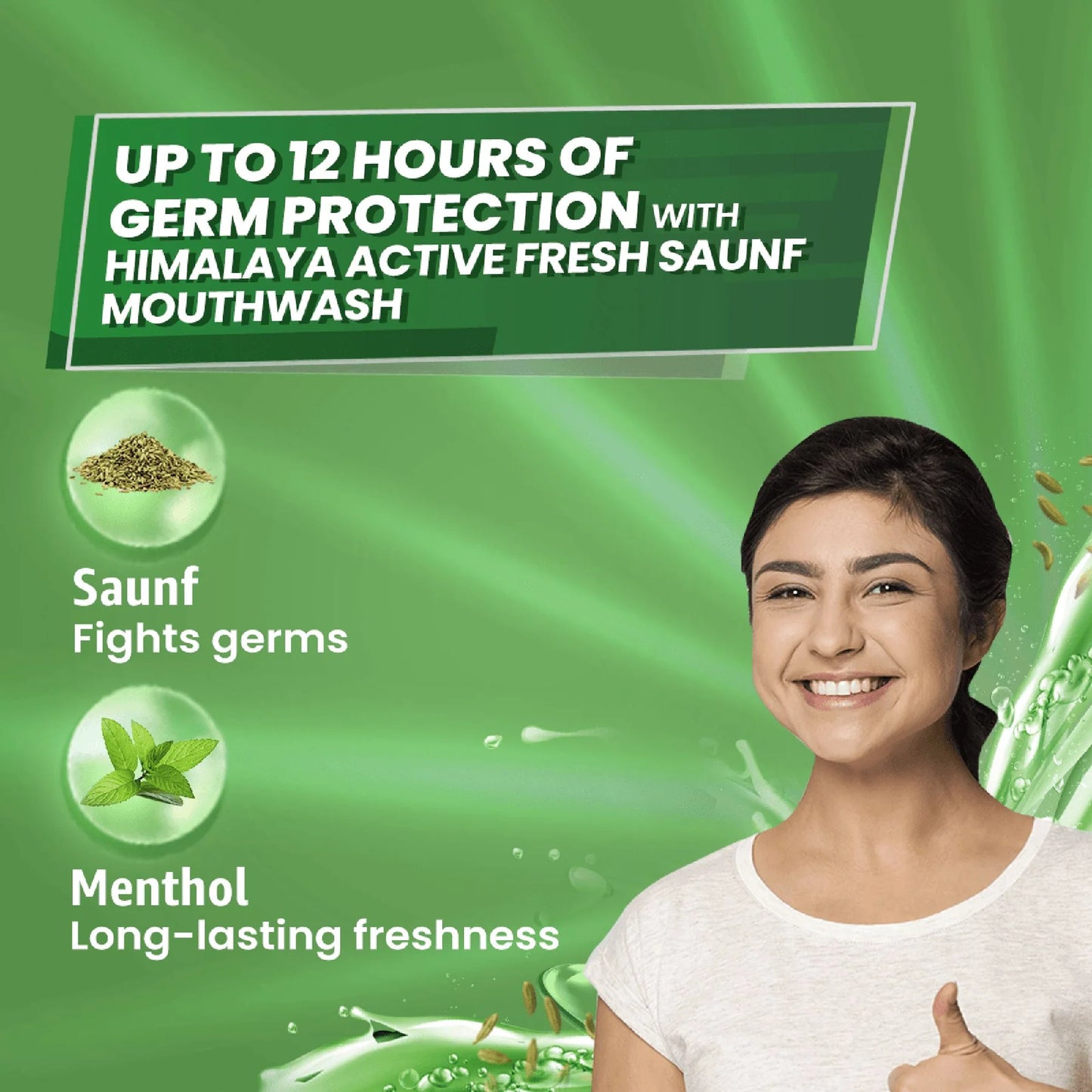 Advertisement for Himalaya Active Fresh Saunf mouthwash with a woman and product elements on a green background.