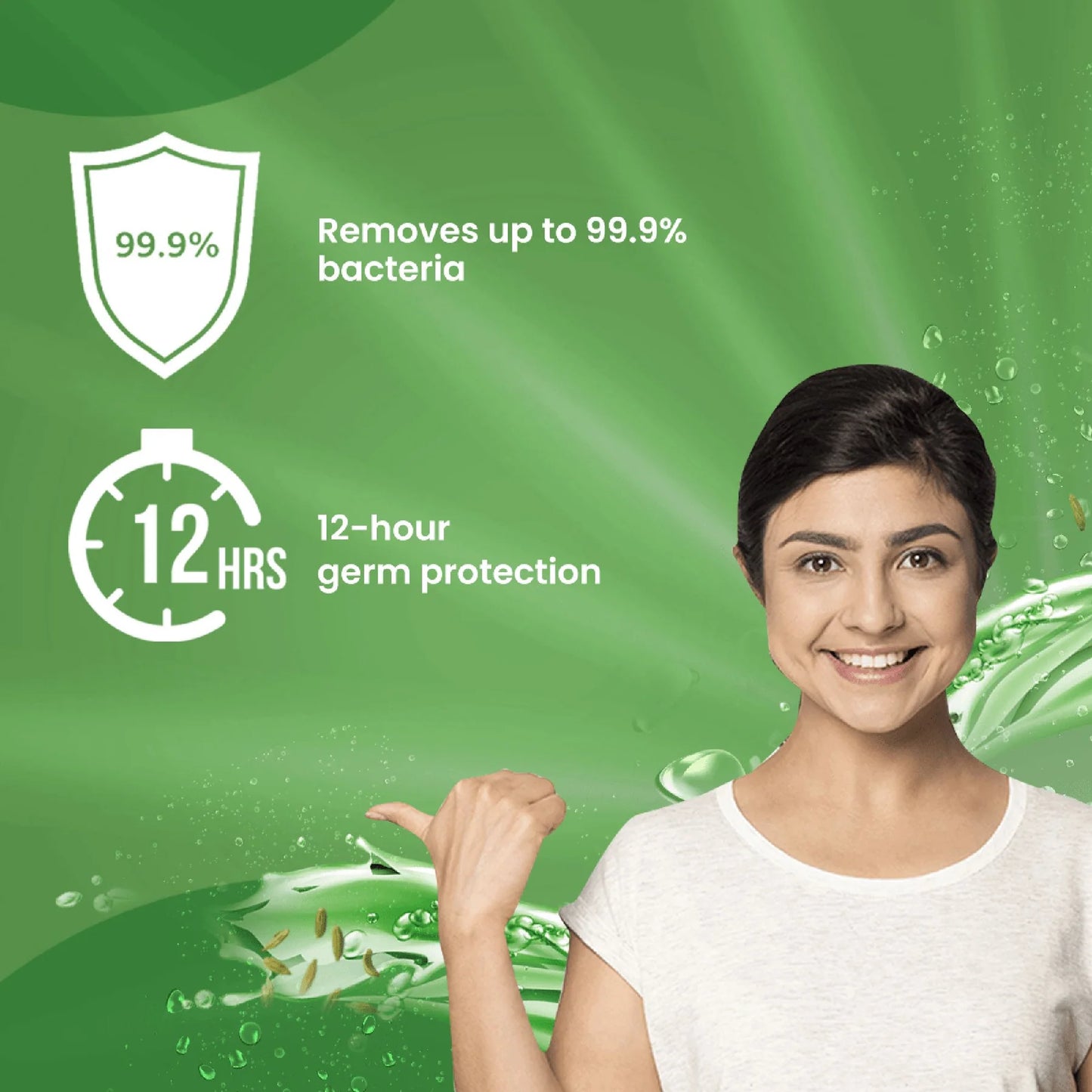 Woman with text indicating germ protection and bacteria removal on a green background