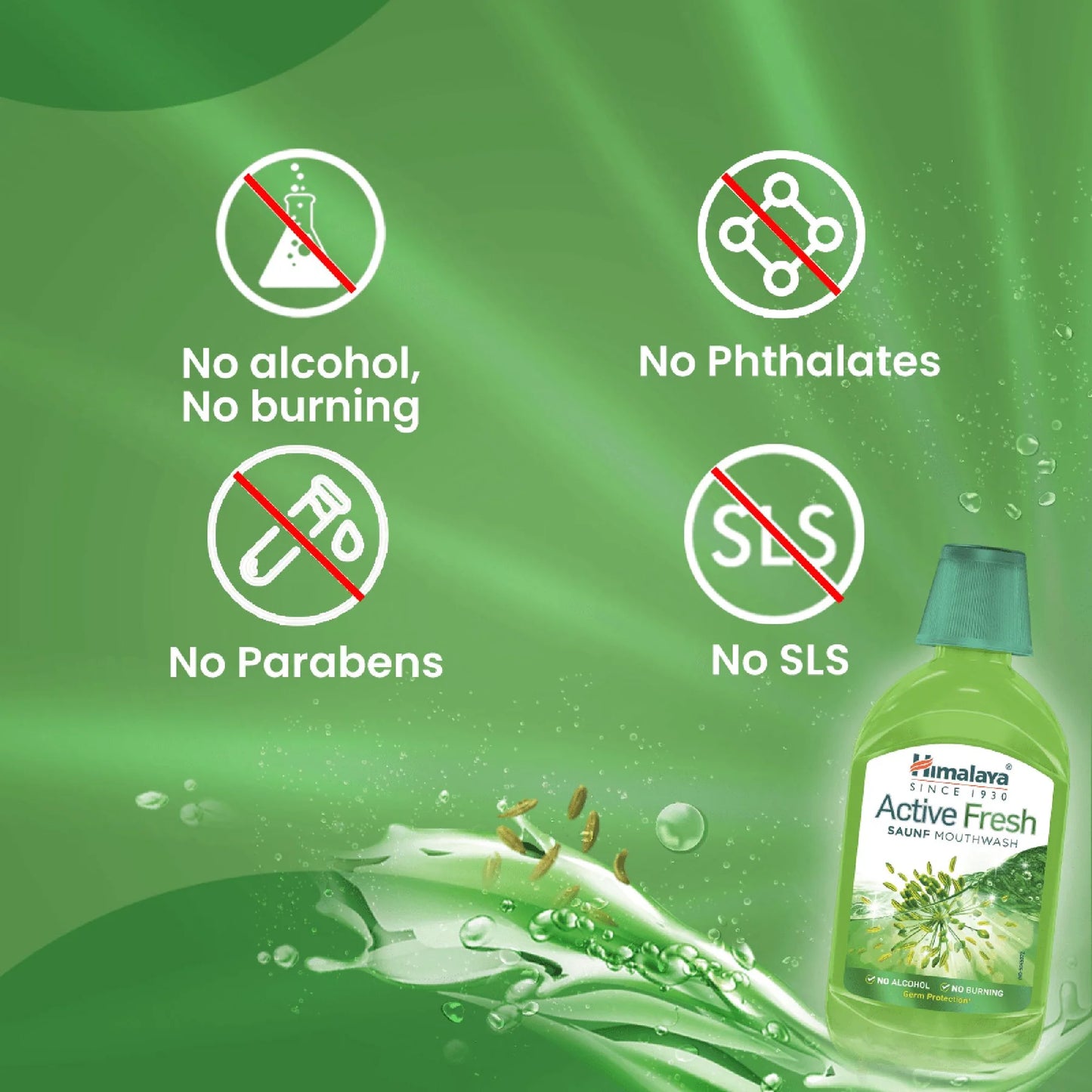 Himalaya Herbals Active Fresh mouthwash bottle with green background and product features.