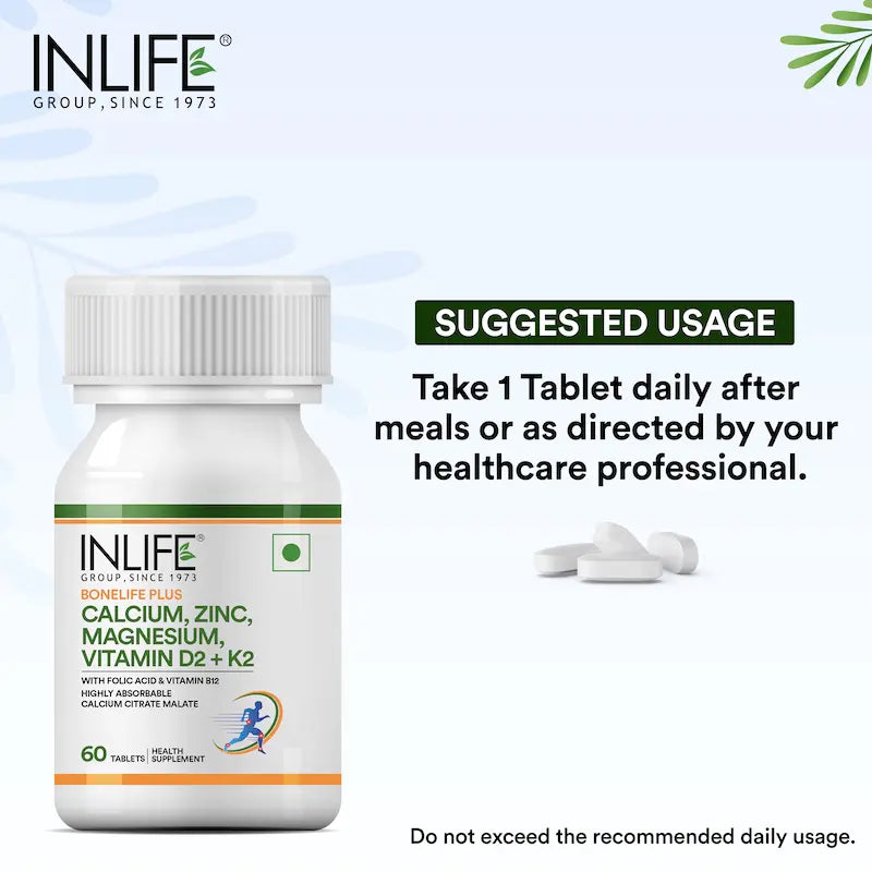 Inlife Bonelife Plus Formula | Calcium Citrate Malate, Magnesium, Zinc, Folic Acid, Vitamin D2, K2 & B12 | Supports Bone & Nutritional Health Tablets - 4