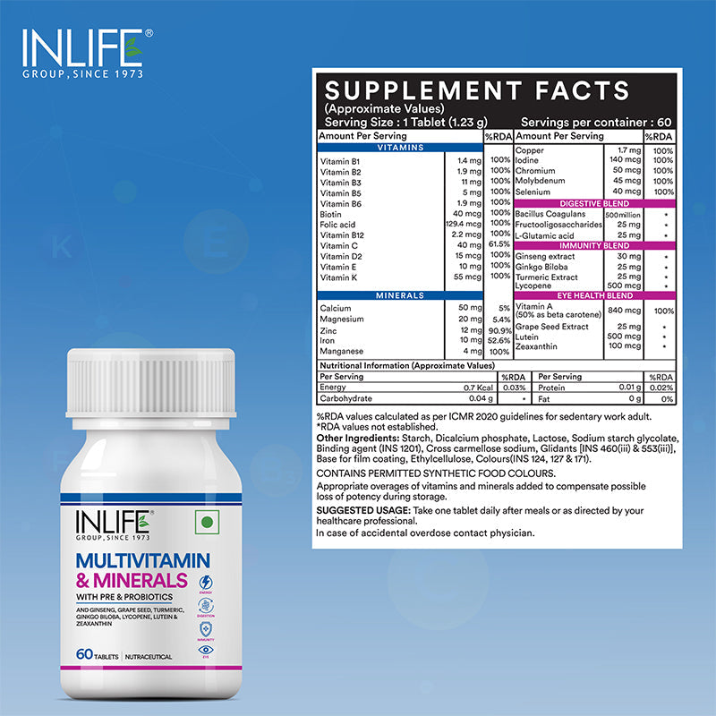 Inlife Multivitamin and Minerals Supplement with Ginseng, Grape Seed, Lutein & Probiotics | 60 Vegetarian Tablets