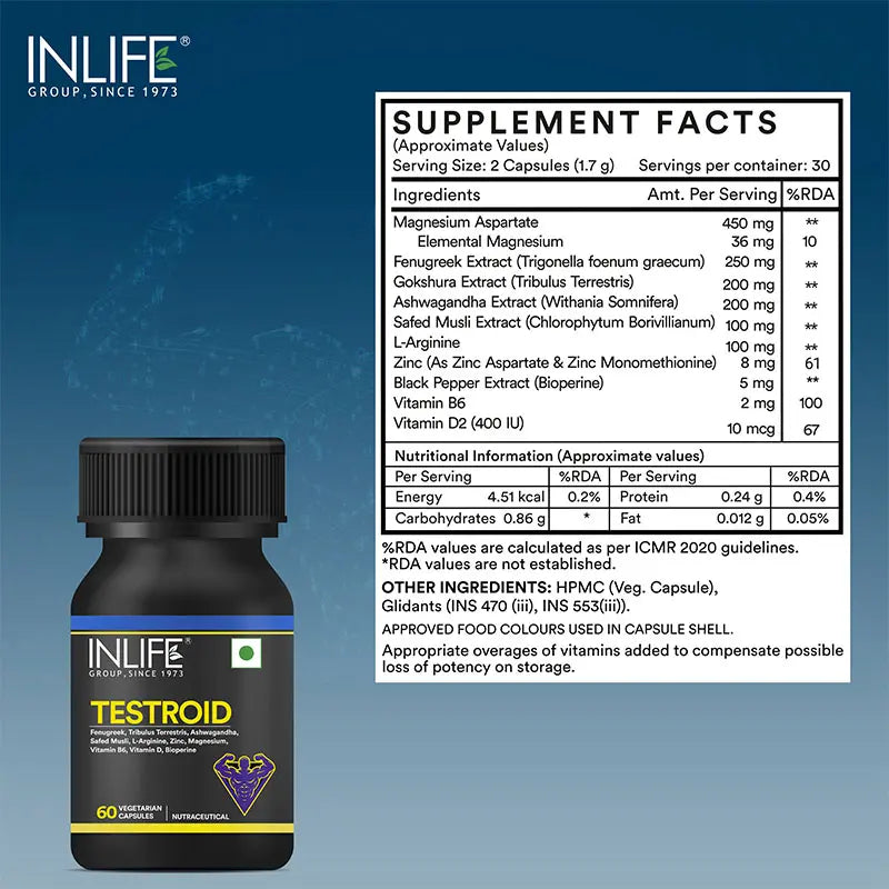 Inlife Testroid Supplement for Men | 60 Veg. Capsules