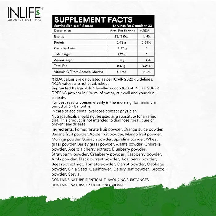 Inlife Super Green Fusion | Vital Nutrients, Fiber, Antioxidants, Superfoods Powder | 200g