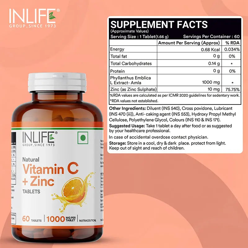 Inlife Natural Vitamin C Amla Extract with Zinc Tablets - 3