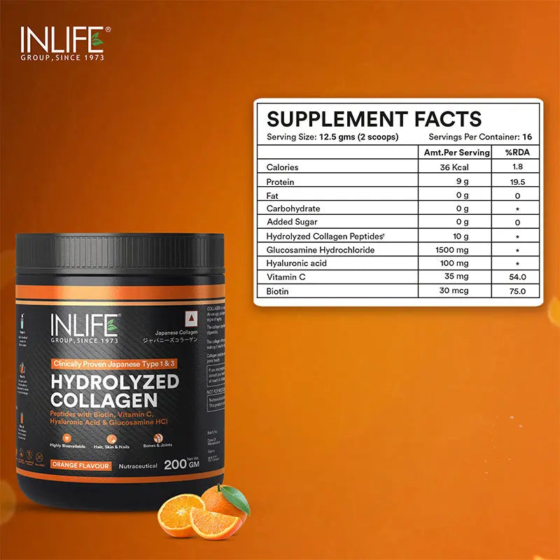 Inlife Hydrolyzed Japanese Collagen Peptides | with Biotin, Hyaluronic Acid & Glucosamine HCl | 200g Powder