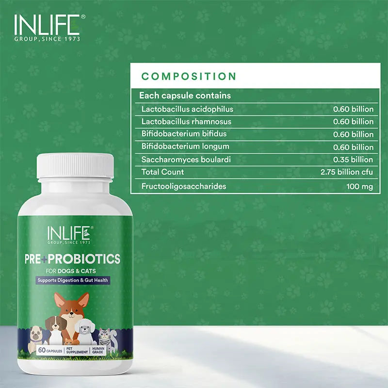 Inlife Prebiotics & Probiotics Pet Supplements for Dogs Cats 60 Capsules