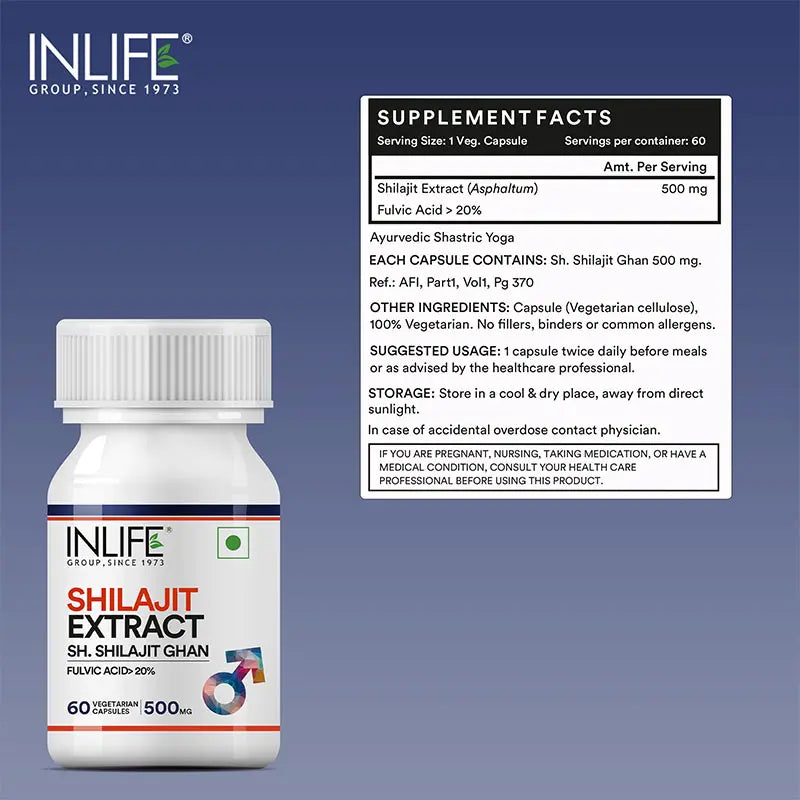 Inlife Shilajit Extract Supplement | 500 mg | 60 Veg. Capsules