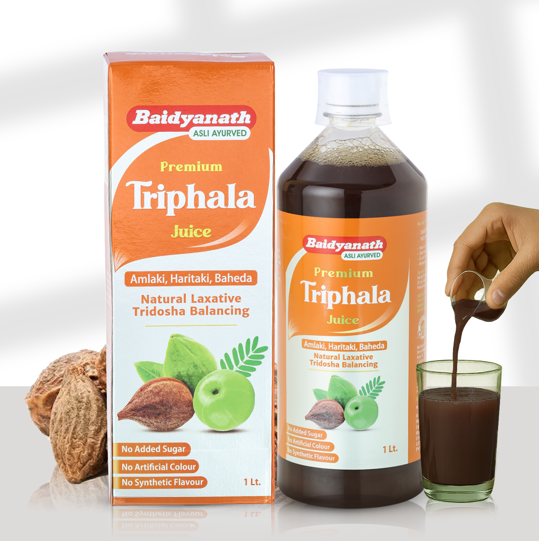 Baidyanath Triphala Juice packaging and bottle with a hand pouring juice into a glass.