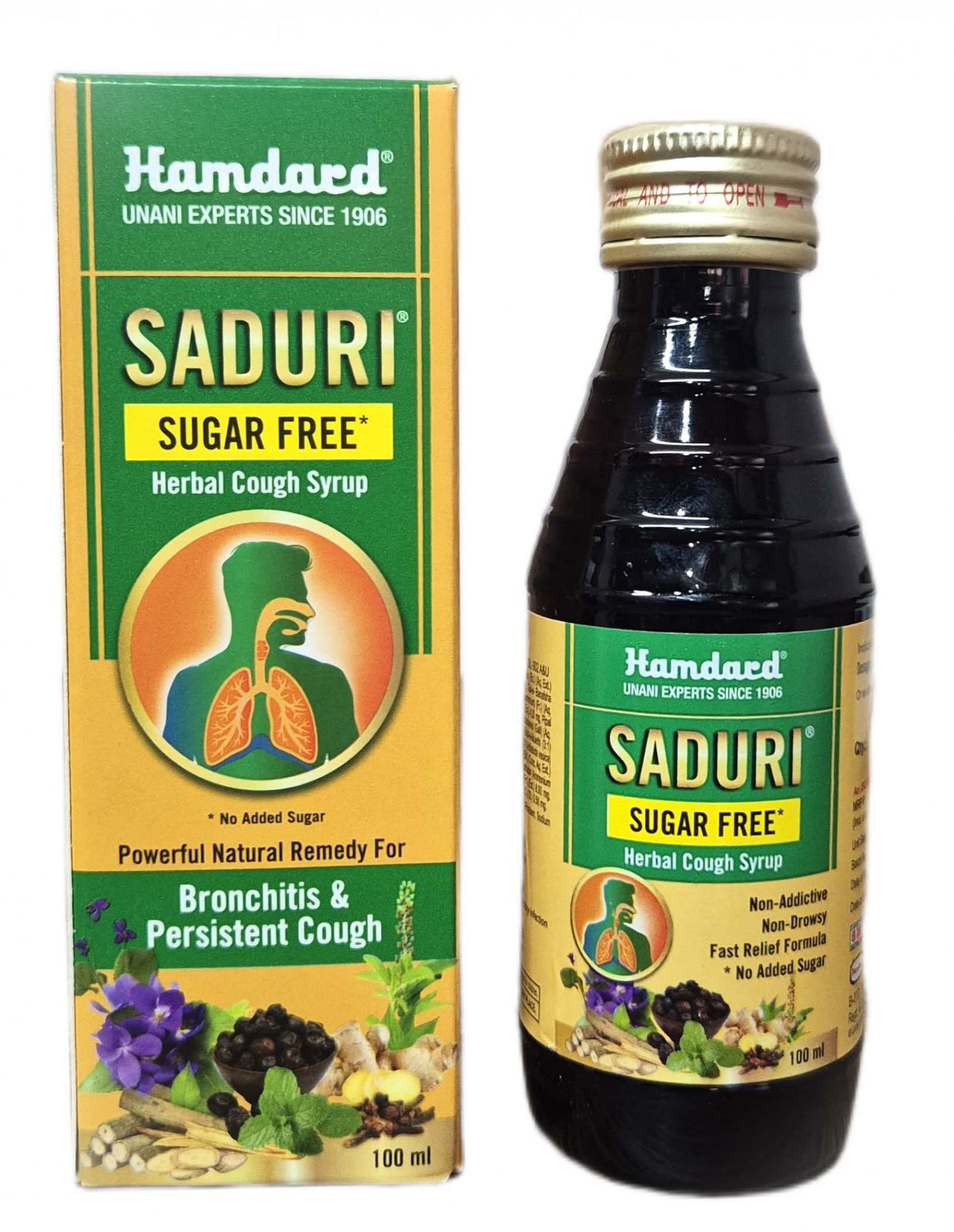 Saduri Sugar Free Herbal Cough Syrup bottle and packaging on a white background